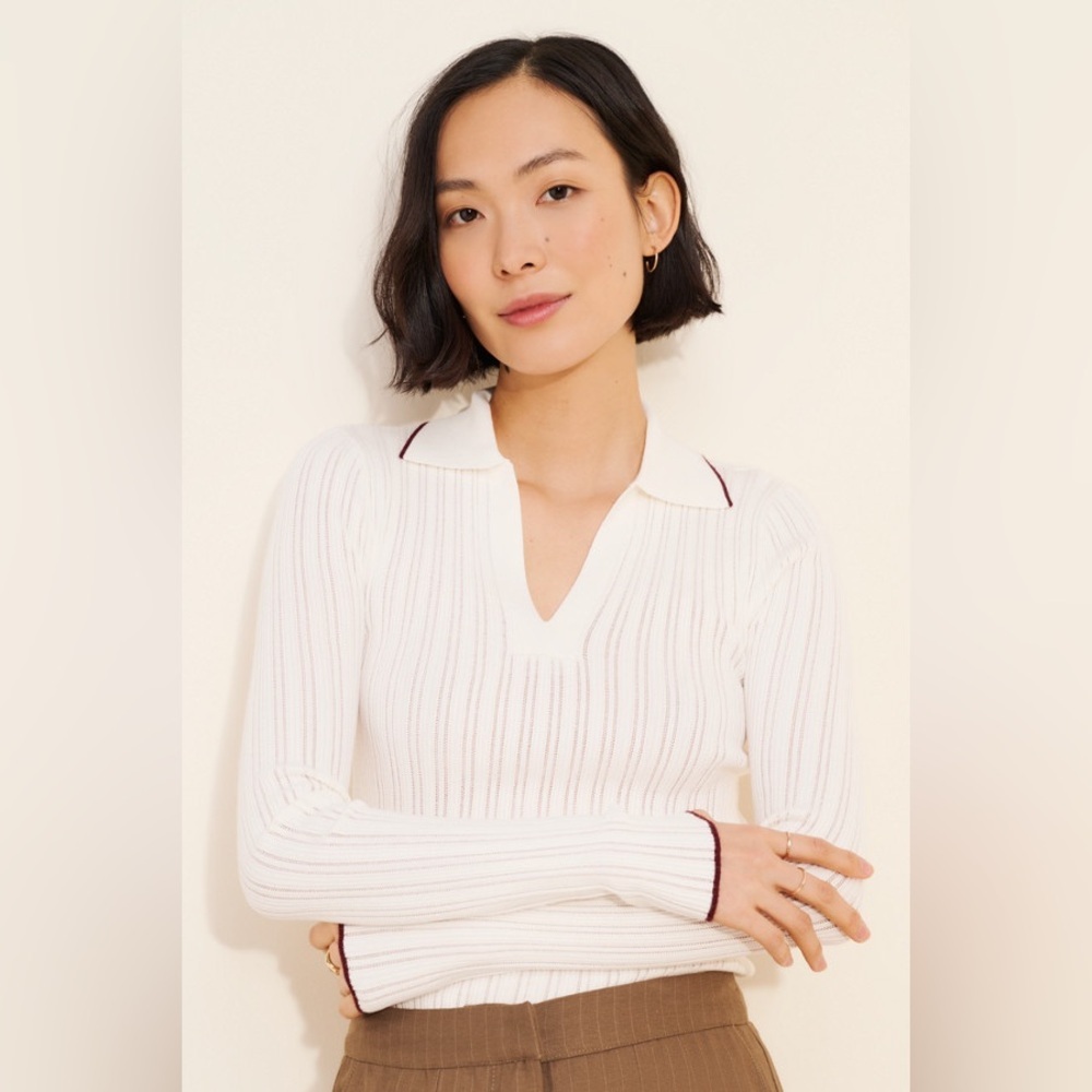 NWT Madewell White V Neck Ribbed Collared Sweater XS Quiet Luxury Minimalist - Picture 4 of 11